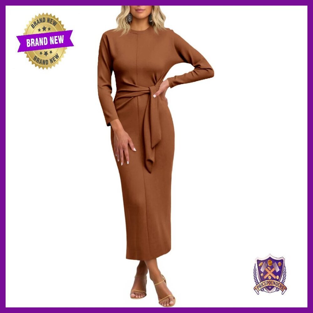 Long Sleeve Maxi Dress Tie Waist Bodycon Work Cocktail Party
